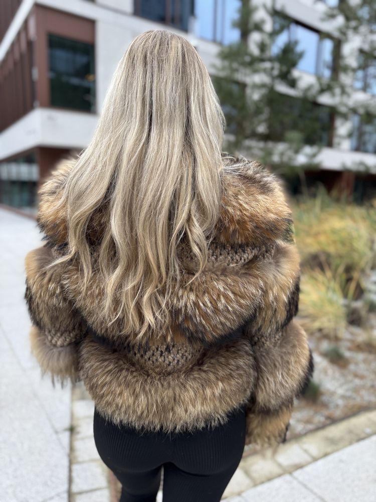 Futro / kurtka naturalna z jenota design brąz PREMIUM NOWY MODEL xs/s