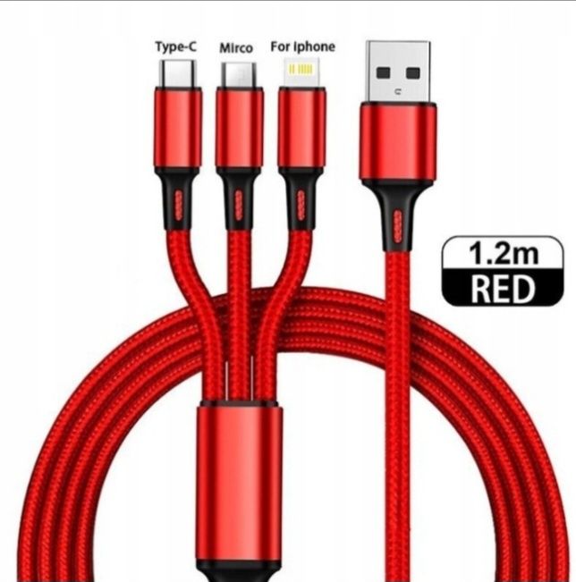 Kabel USB 3w1 do ładowania/1m/czerwony