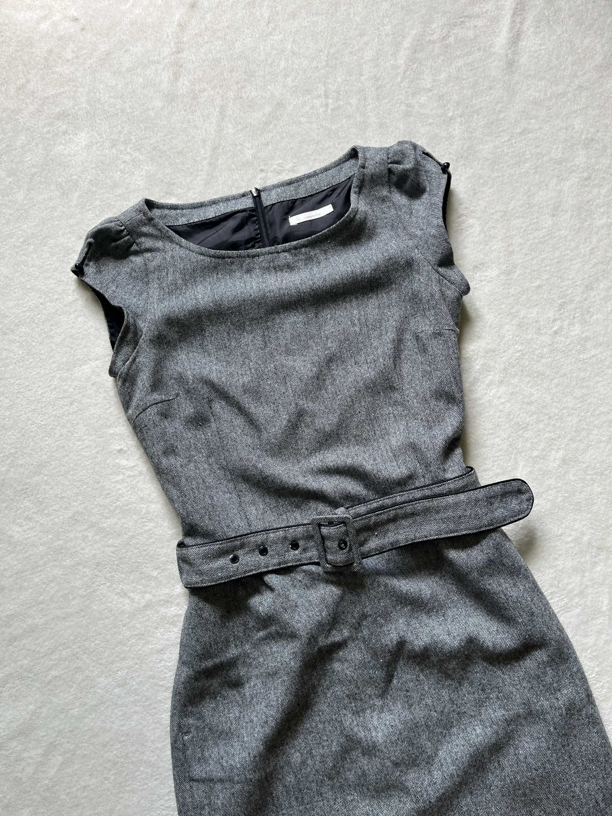 Reserved sukienka szara elegancka z paskiem midi wełna wełniana XS