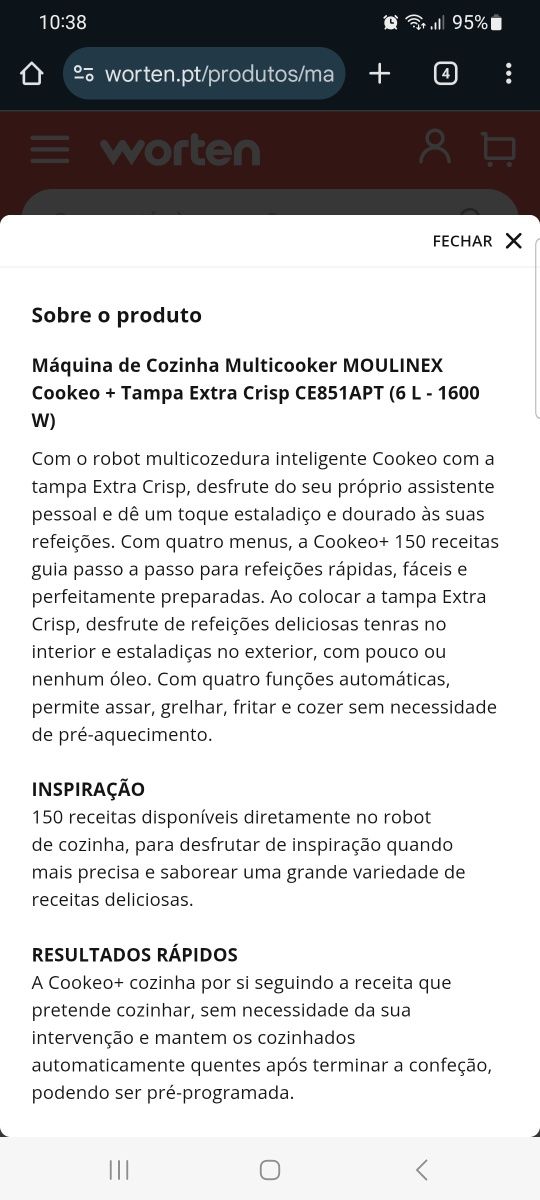 Máquina de Cozinha Multicooker MOULINEX Cookeo + Tampa Extra Crisp CE8