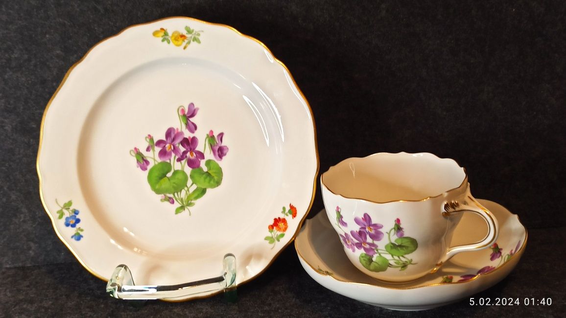 Porcelana MEISSEN TRIO Miśnia Dekor kwiatowy Gat 1 Kolekcjonerska