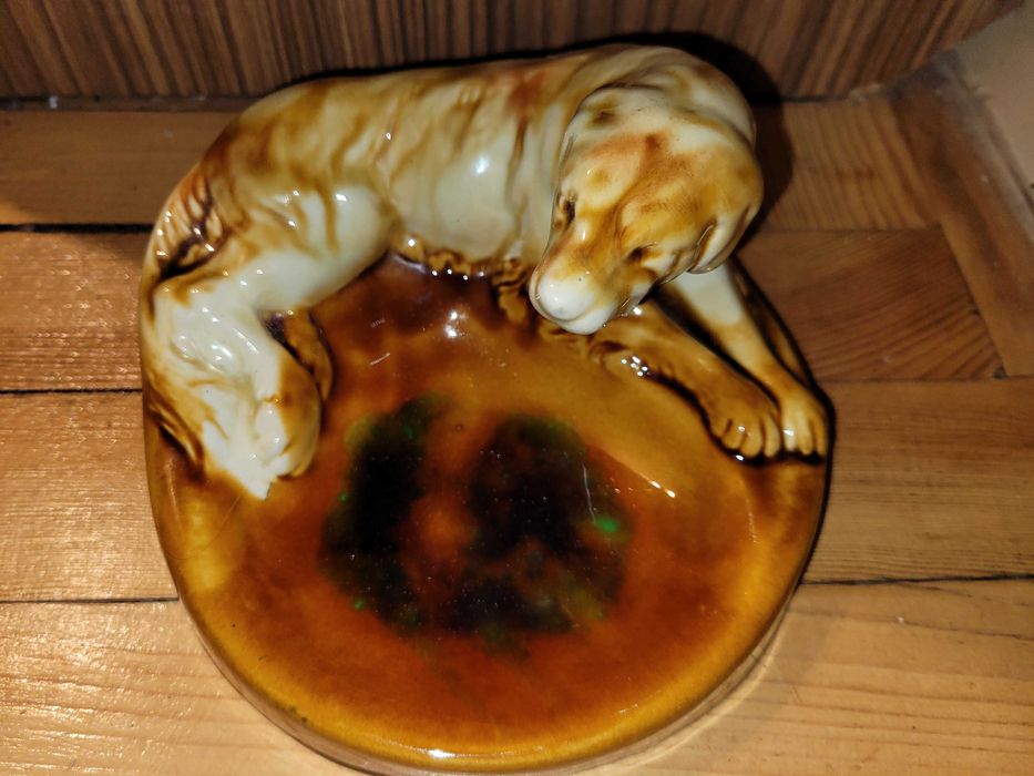 Статуэтка пепельница собака старая гежель, обливная керамика ссср