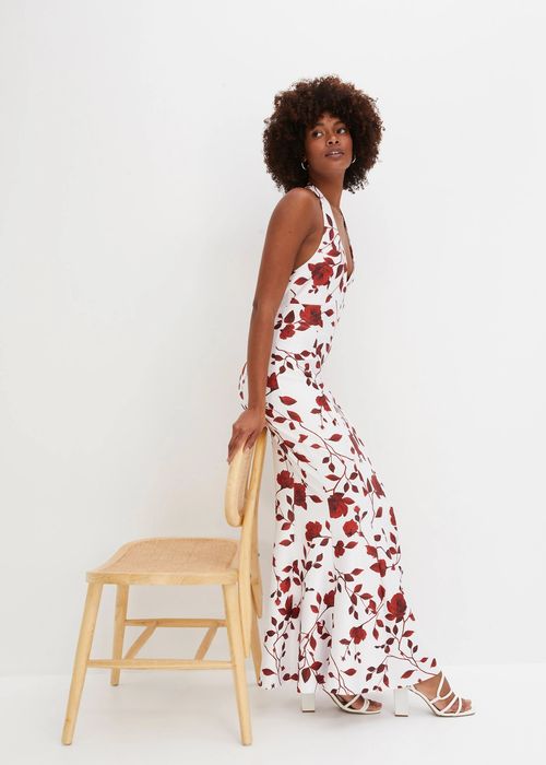 B.P.C długa sukienka biała w bordowe kwiaty z dekoltem halter 44/46.