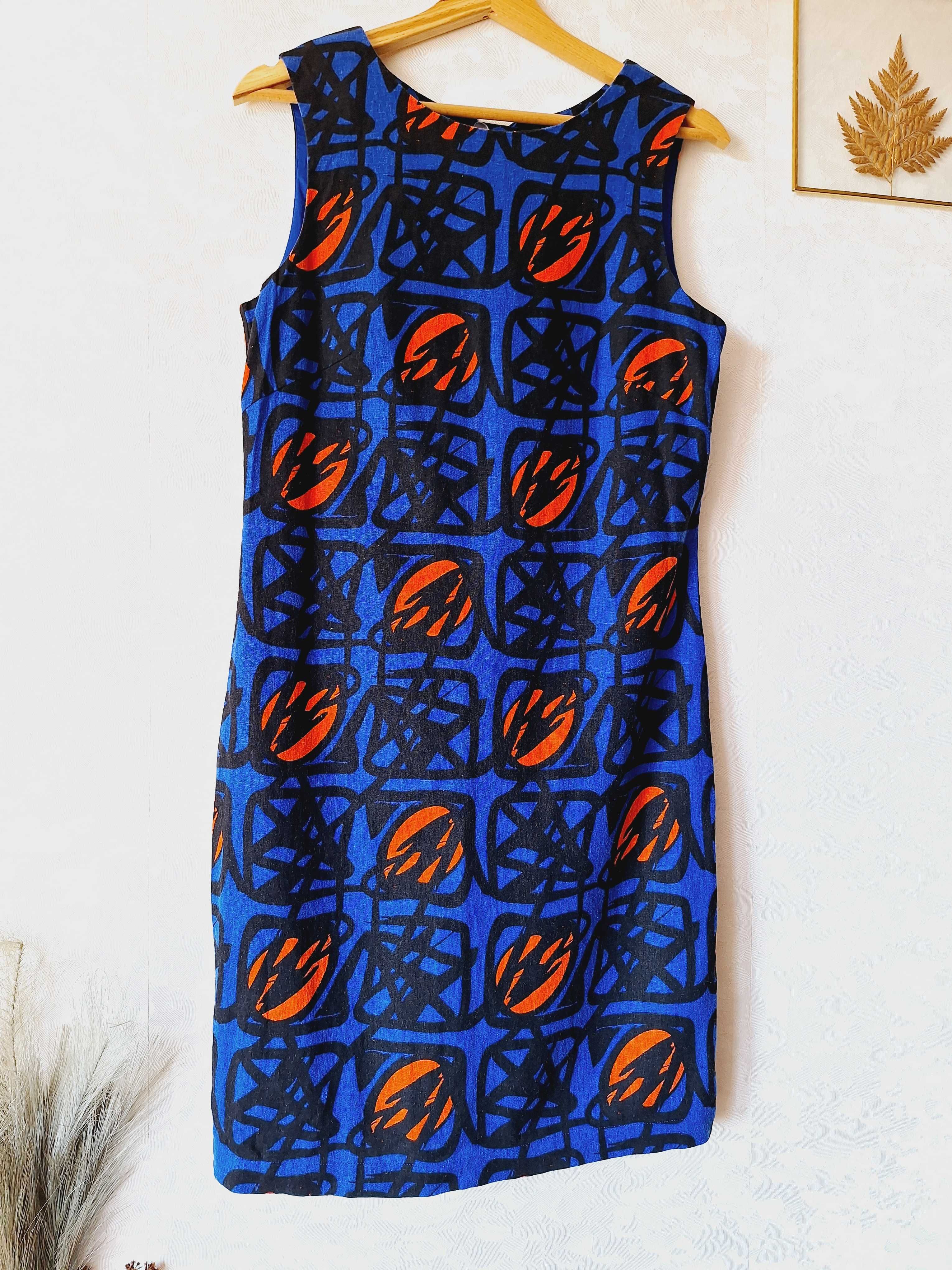 Lniana ołówkowa M sukienka midi z lnu Peacocks niebieska