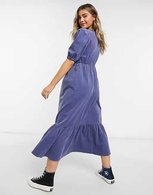 ASOS – Niebieska, luźna sukienka midi ze sztruksu z marszczoną górą 34