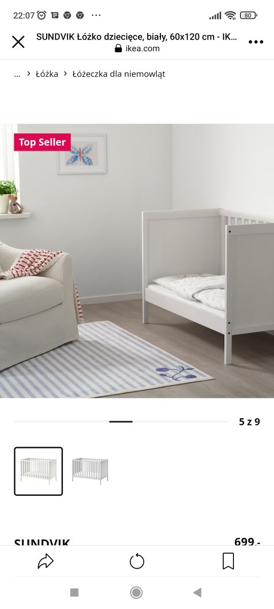 Łóżeczko Ikea 
Sundvik+ materac+ ochraniacz