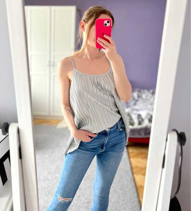 Srebrny top H&M plisowany XS 34 impreza wieczorowy