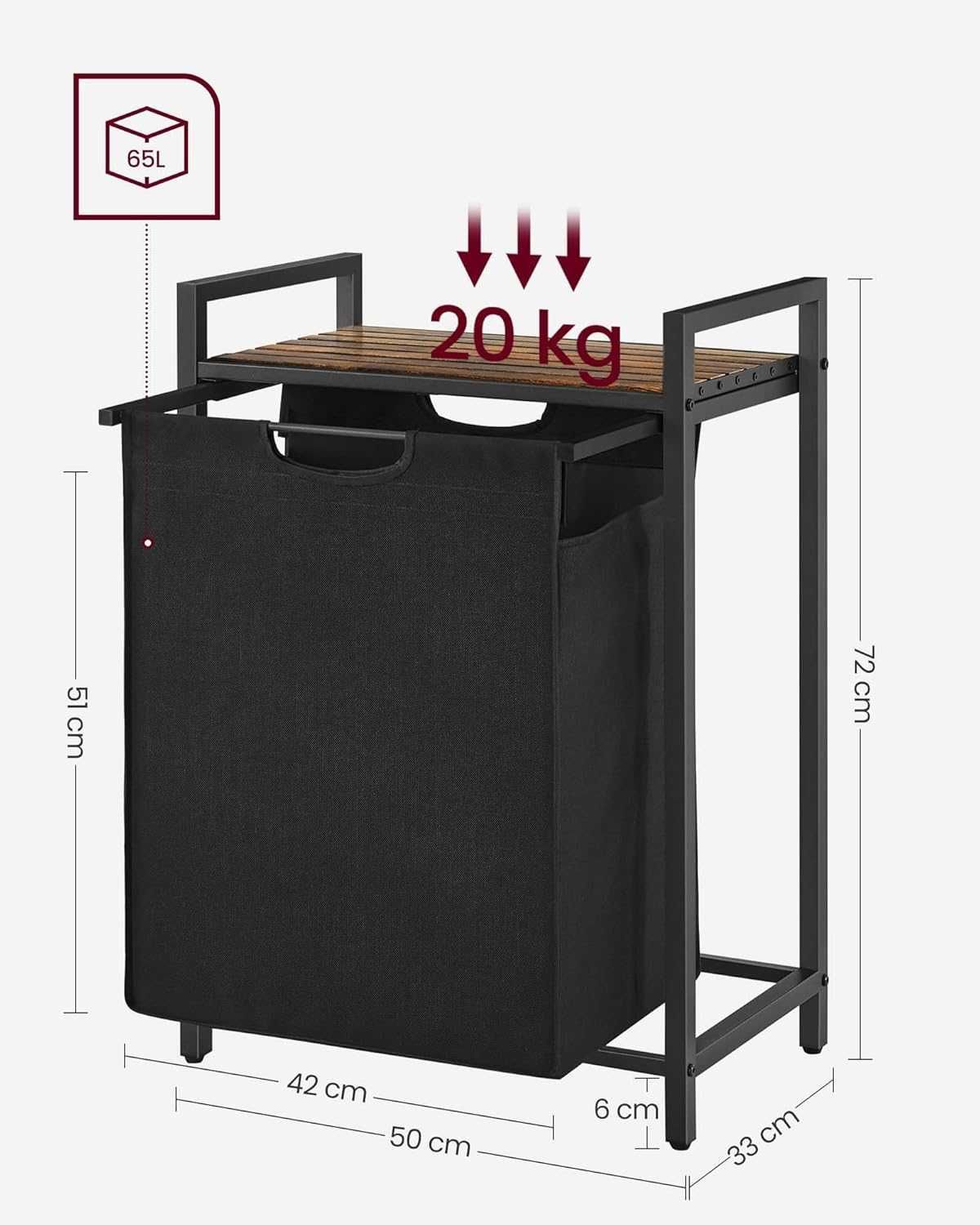 Kosz na pranie z półką 65L, metalowa rama wysuwana torba  50x33x72cm