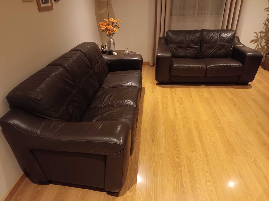 Conjunto Sofás de Pele Castanho Chocolate