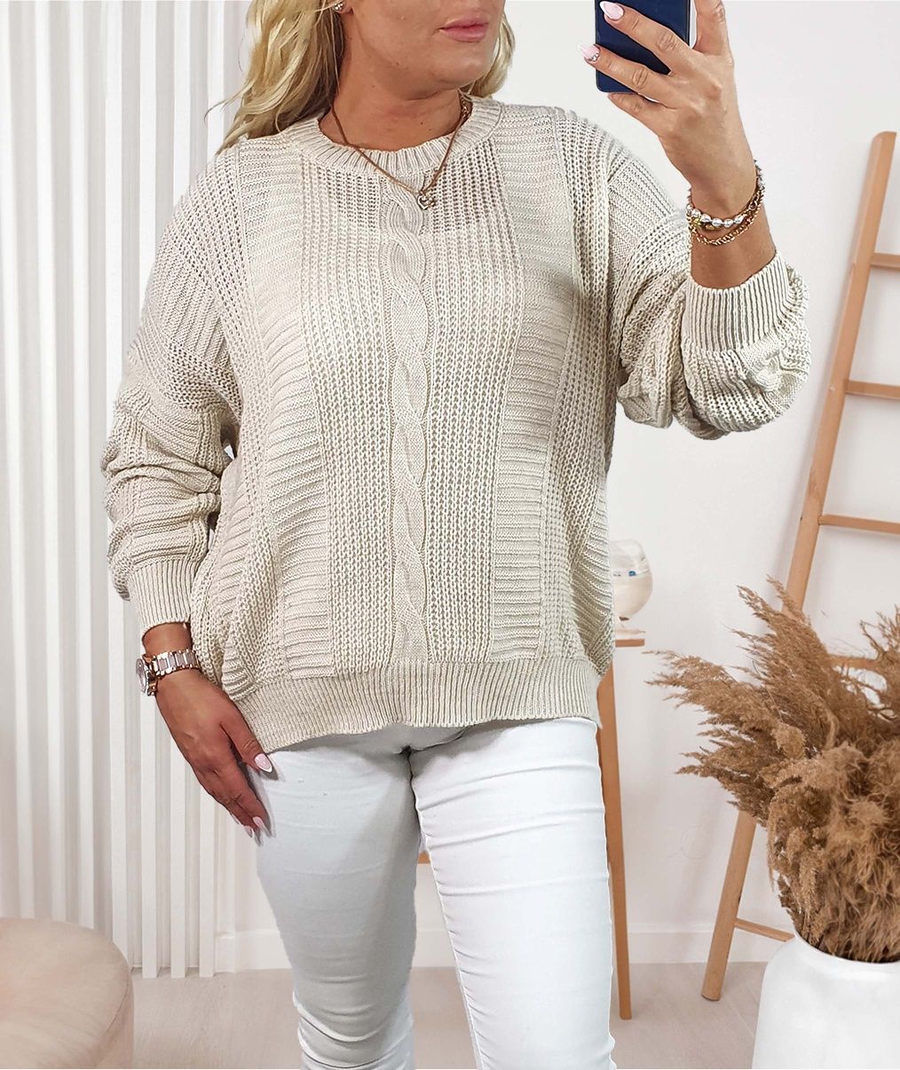 Kremowy sweter damski splot warkocz oversize