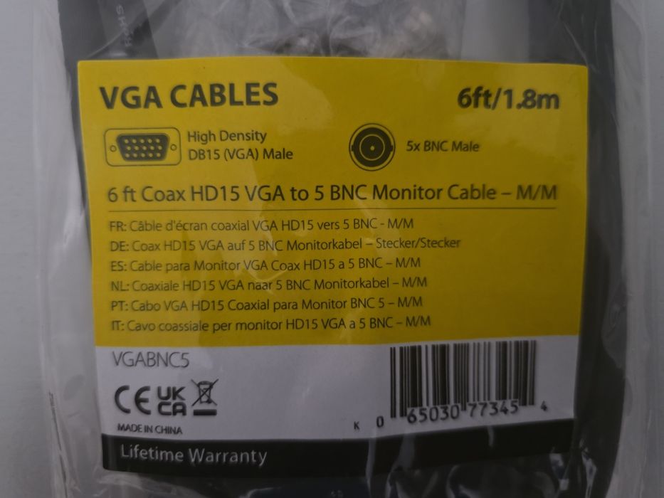 Kabel 1.8m adapter HD15 Vga (m) do BNC monitor (m/m) StarTech