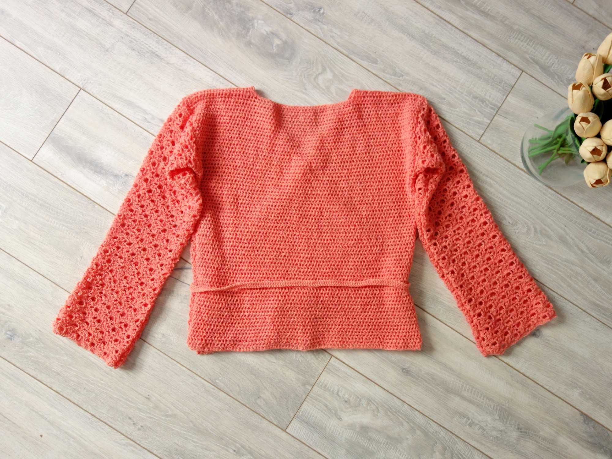Nowy sweter szydełkowy kardigan wełniany handmade kopertowy wełna 38 M