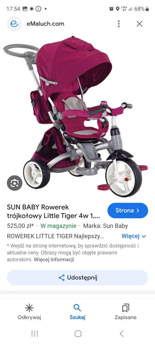 Sun baby tiger Little rowerek trójkołowy spacerówka