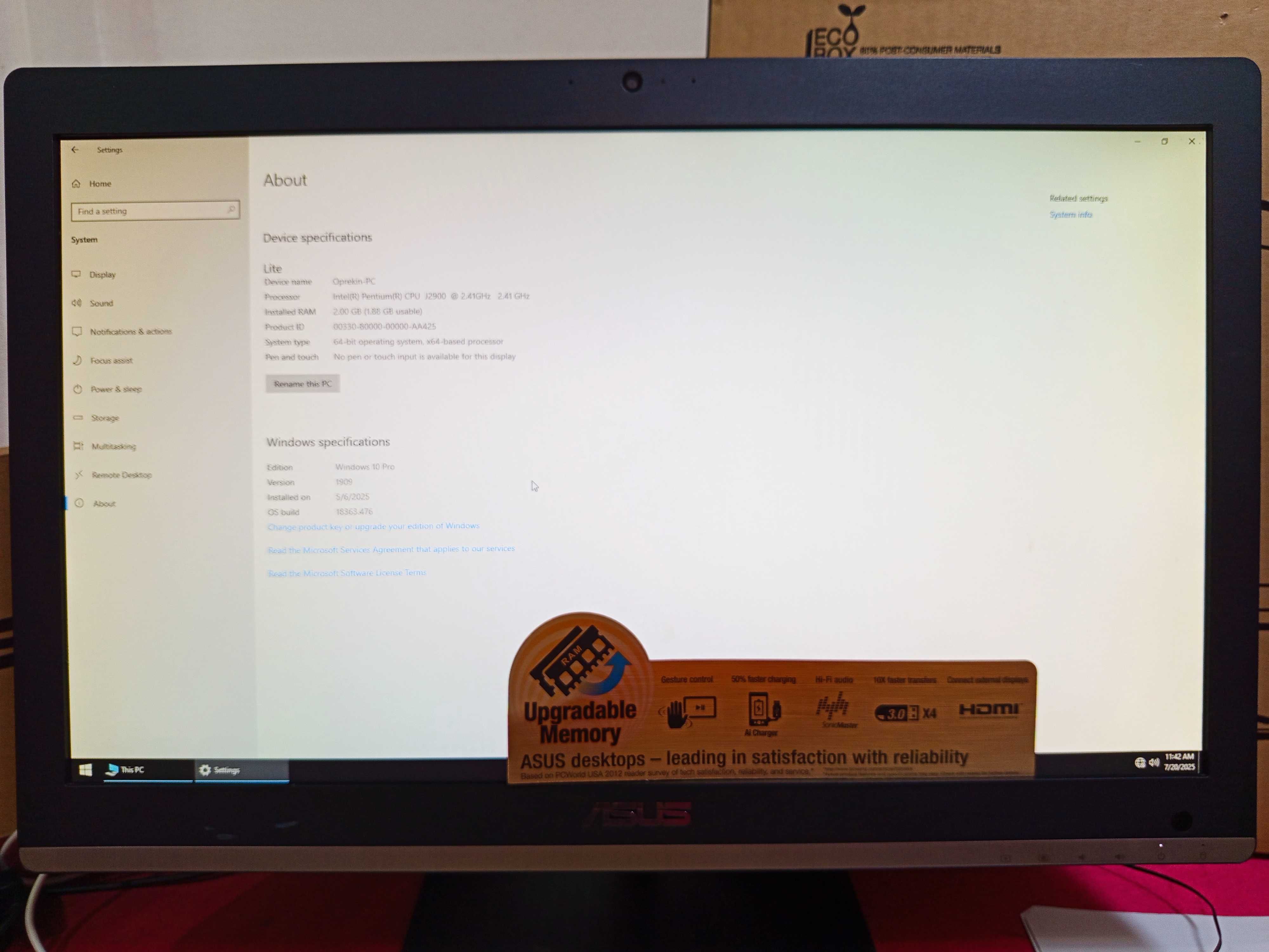 Computador ASUS AIO Pentium 2.41GHz disco SSD 480GB 21,5"