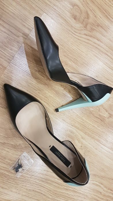 Zara 37 czarno miętowe lakierowane skórzane szpilki