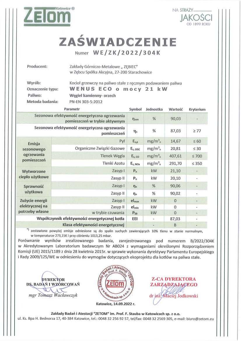 Kocioł, piec ZĘBIEC WENUS ECO 21 kW - tradycyjny / zasypowy