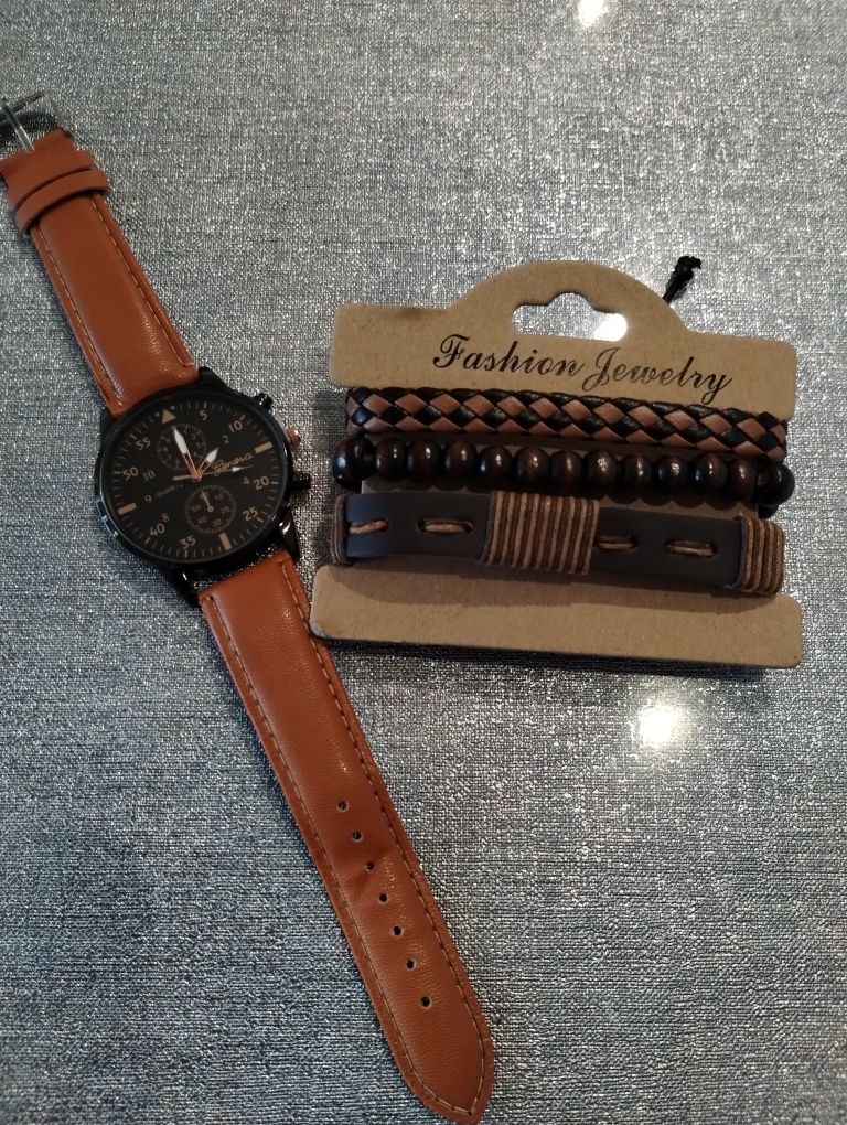 Zegarek męski brązowy + zestaw 3 bransoletek - nowy komplet
