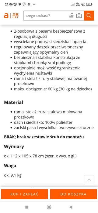Huśtawka ogrodowa z daszkiem dla dzieci
