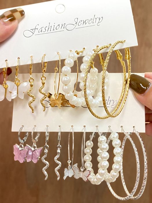 10 pares de brincos de pérolas artificiais e borboletas