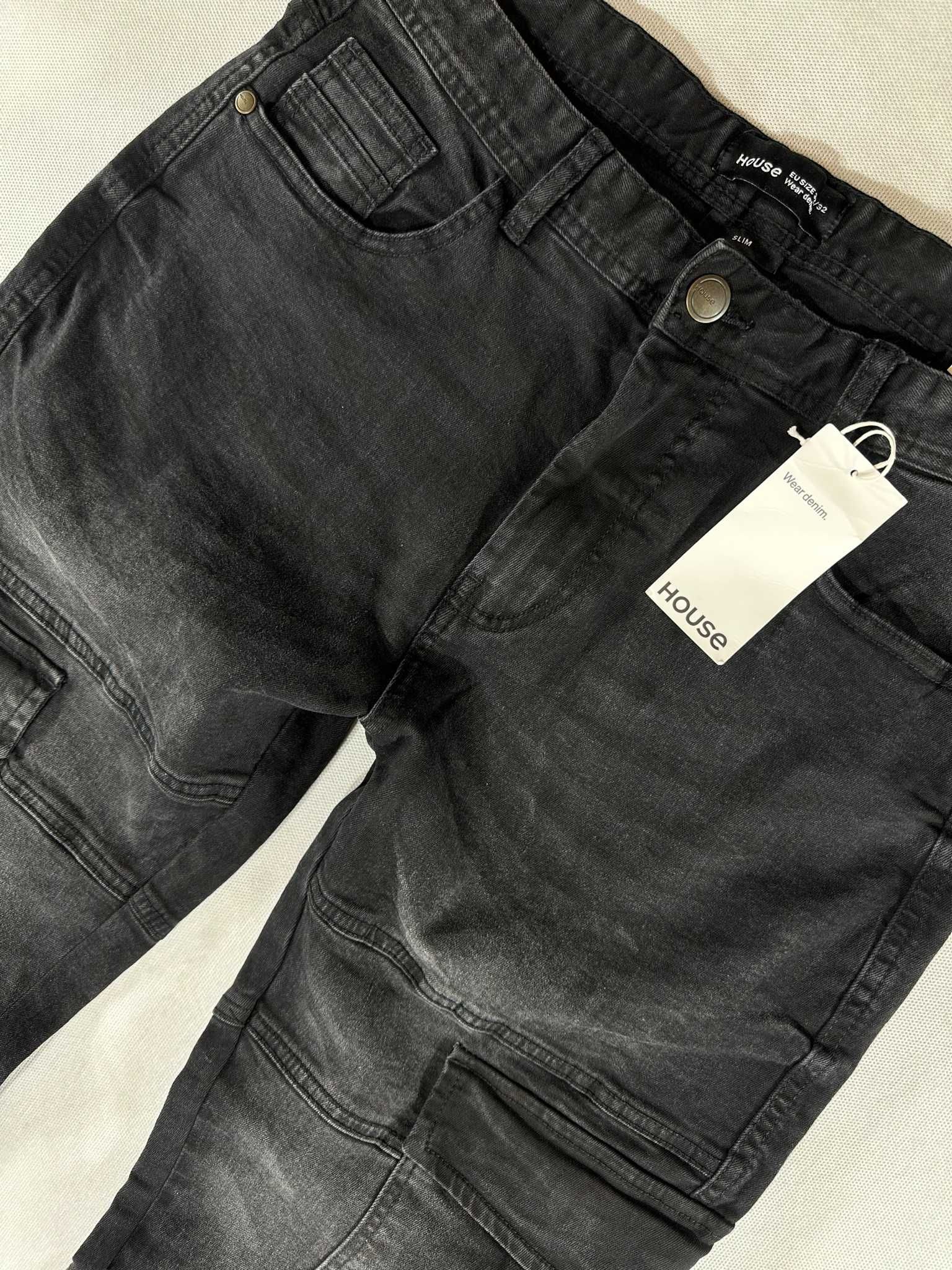 HOUSE jeans czarne bojówki cargo slim fit W32L32 86cm