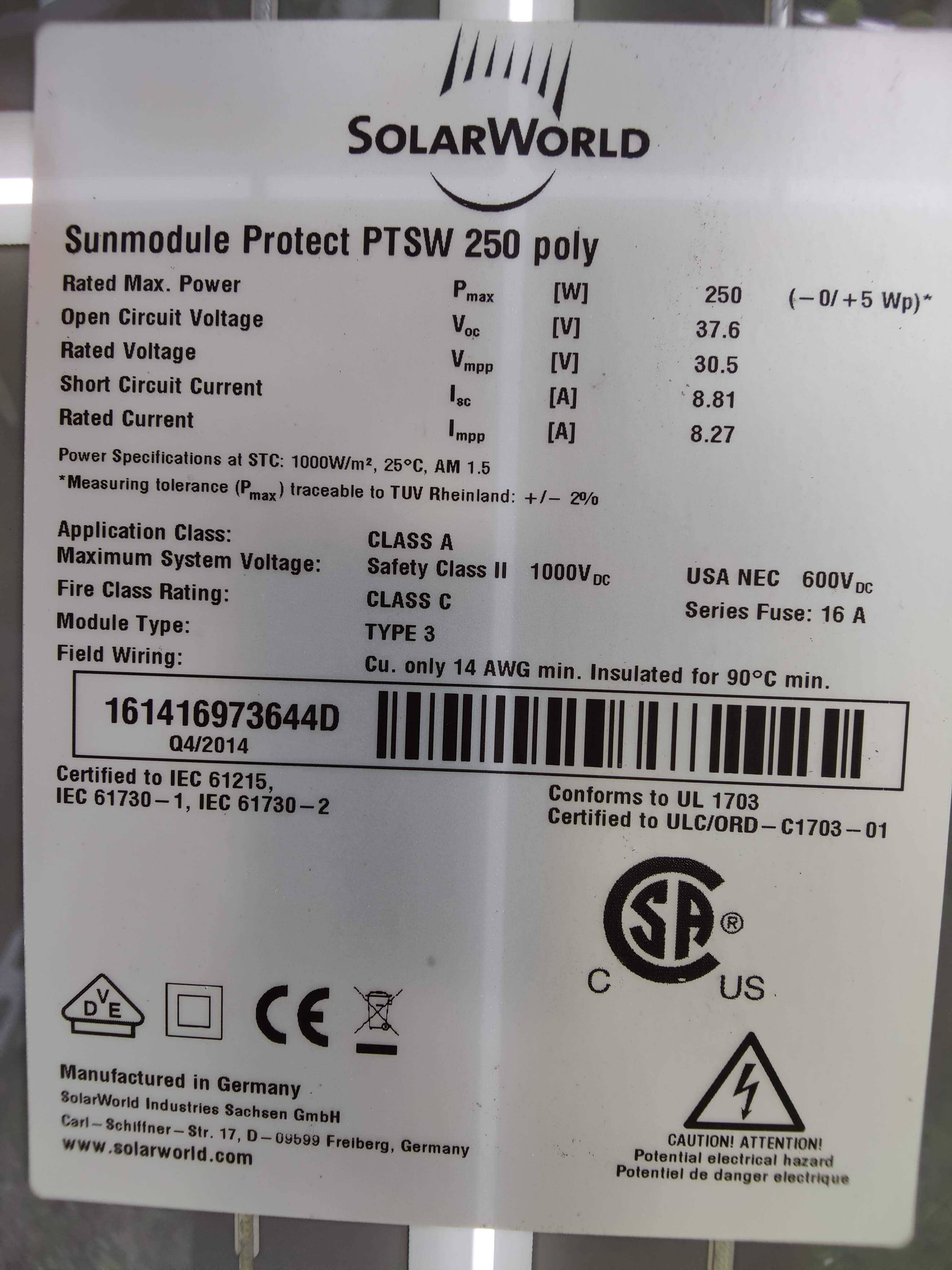 Panele fotowoltaiczne SolarWorld SW 250 double-glass niemieckie