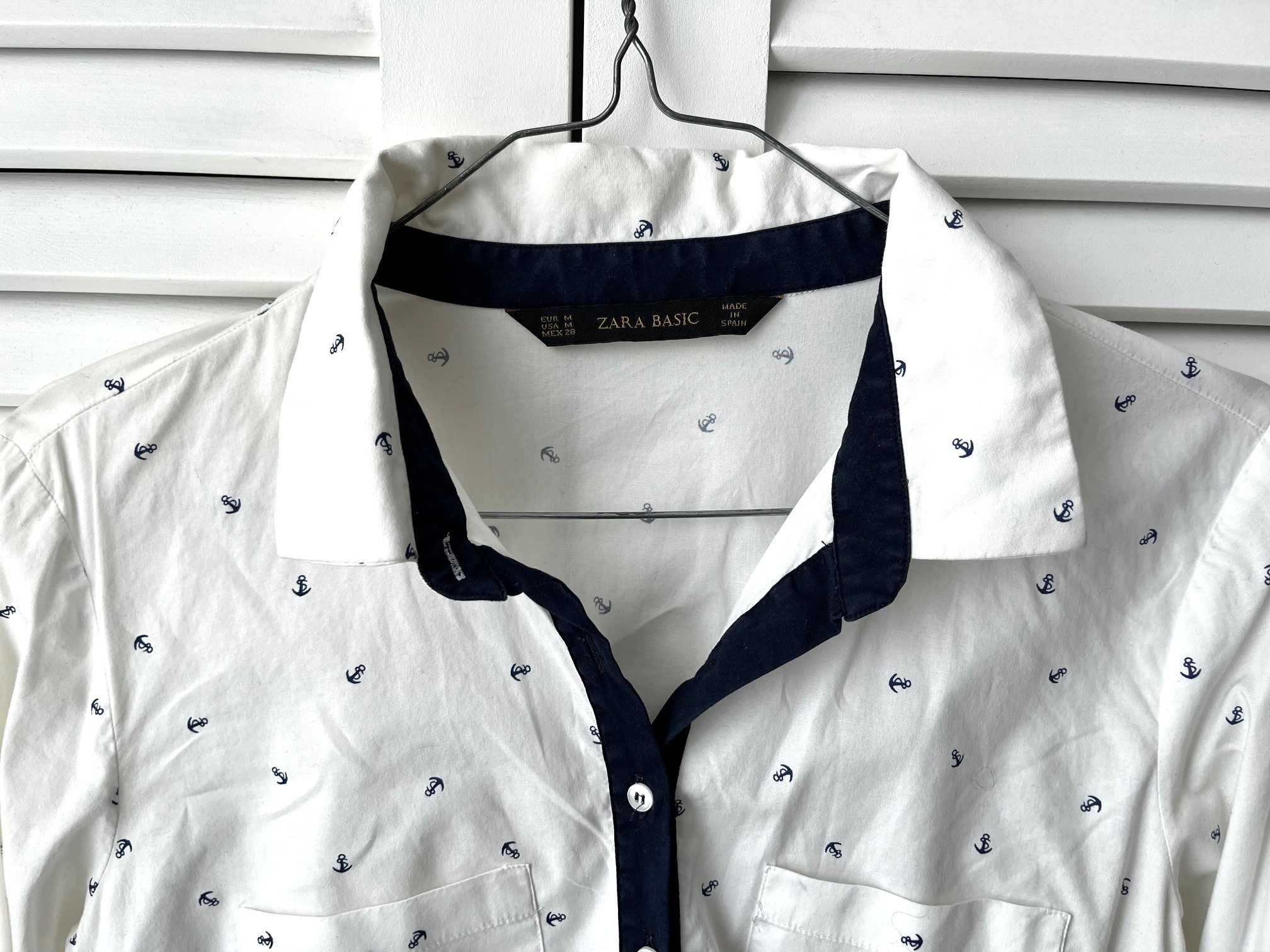 ZARA koszula biała popelinowa print kotwice   r. S M