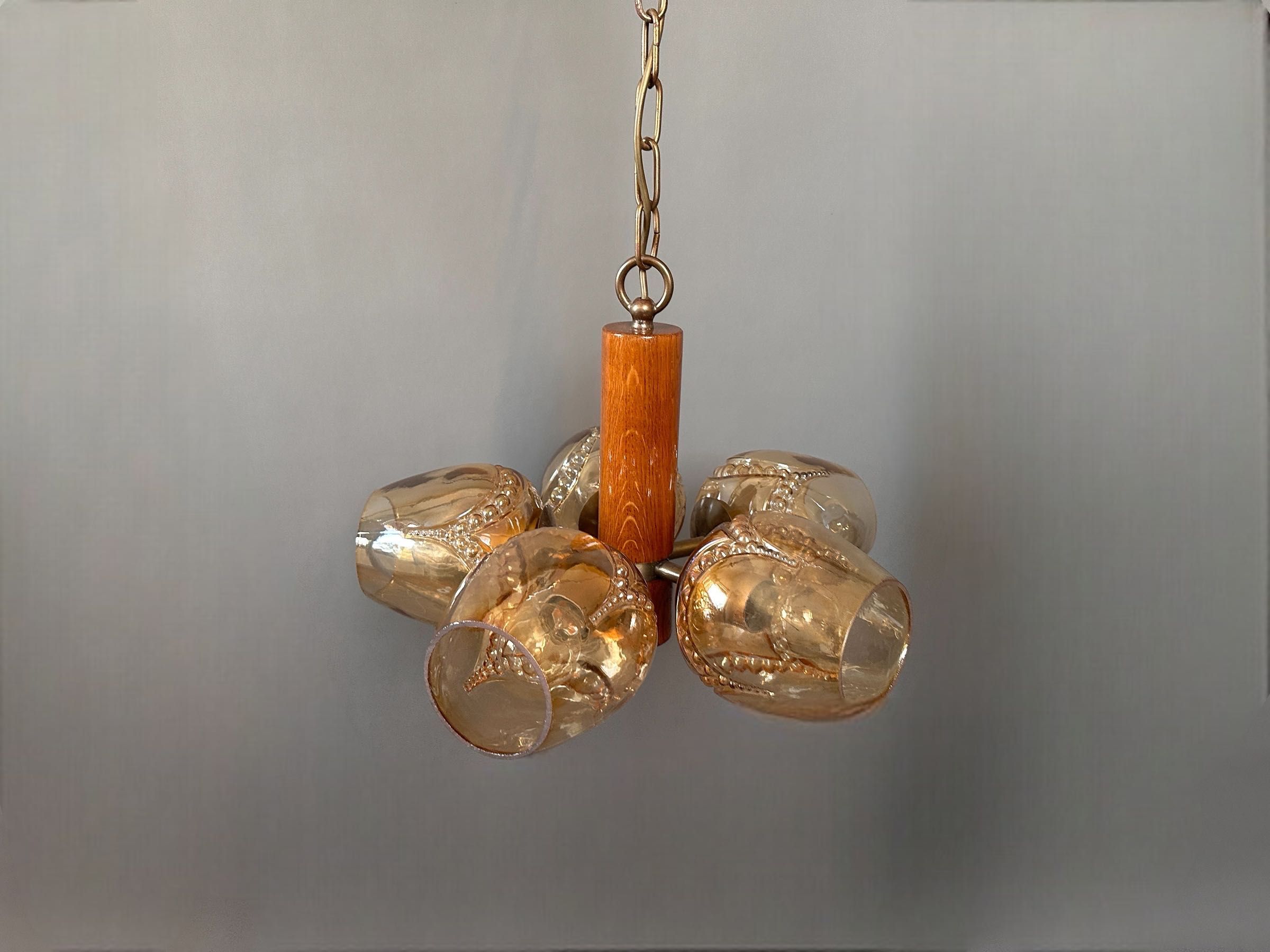Rustykalna lampa wisząca Vintage Niemcy lata 70-te, mosiądz drewno