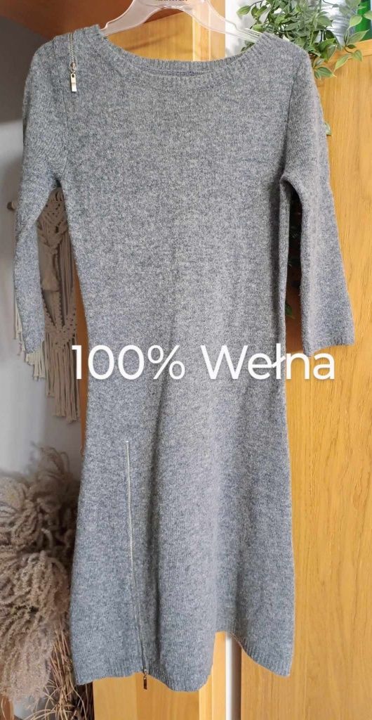 Szara wełniana (100%) midi sukienka rozm 36/38