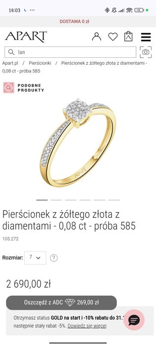 Pierścionek z diamentami zaręczynowy Apart 17mm