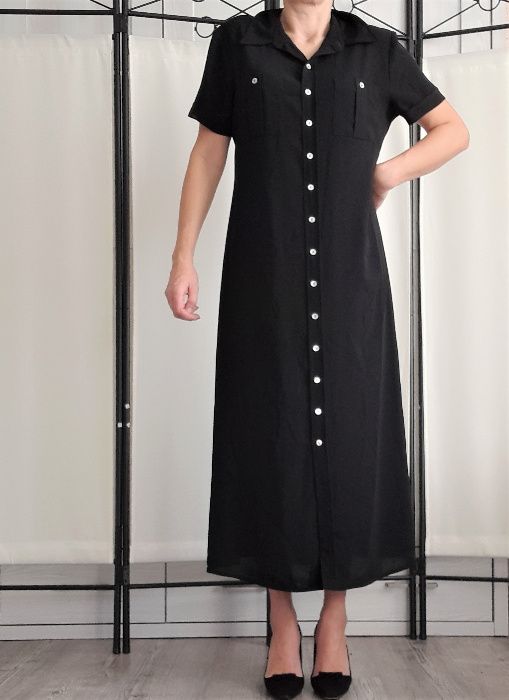 Czarna długa sukienka retro Dorothy Perkins,lata 90te, zapinana/guziki