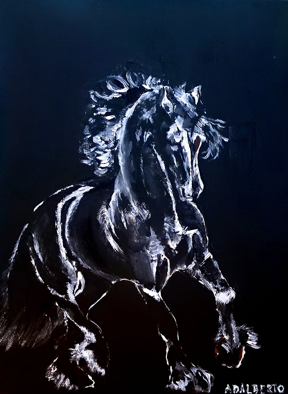Koń na tablicy -czarmo-bialy obraz akrylowy przedstawiający konia