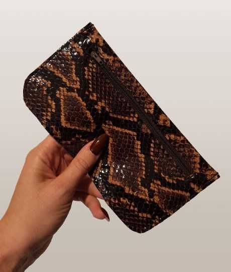 Skórzana Saszetka Wąż Metalic Handmade Etui Glamour Na Zamek Brązowa