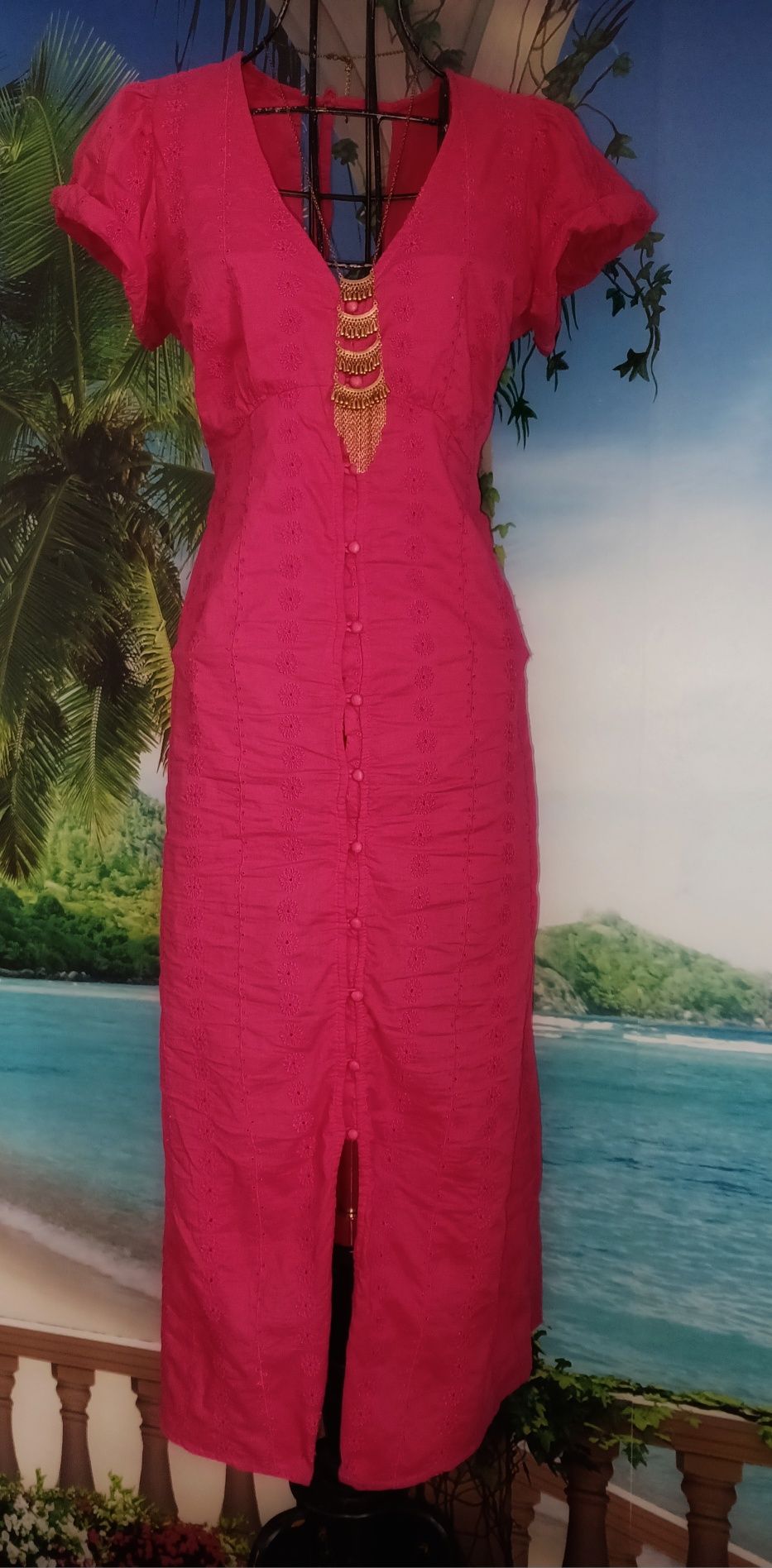 Vestido comprido rosa bordado inglês algodão e linho