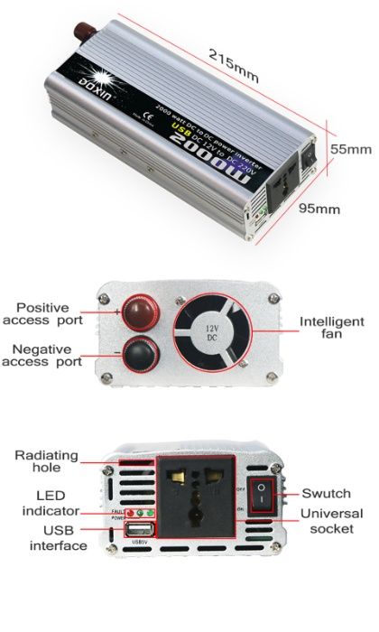 Преобразователь 12v-220v 2000W (рабочая 2000w, пиковая 3000w) Инвертор