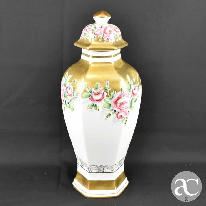 Pote com tampa hexagonal porcelana Artibus, pintado a ouro e à mão