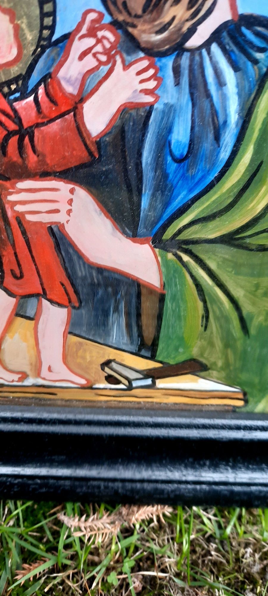 Antyk, prześliczny religijny obraz na szkle Święty Józef  z Jezusem