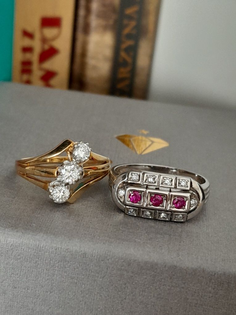 R.16 Pierścionek 4.7g Art Deco Rubiny Diamenty Złoto 585