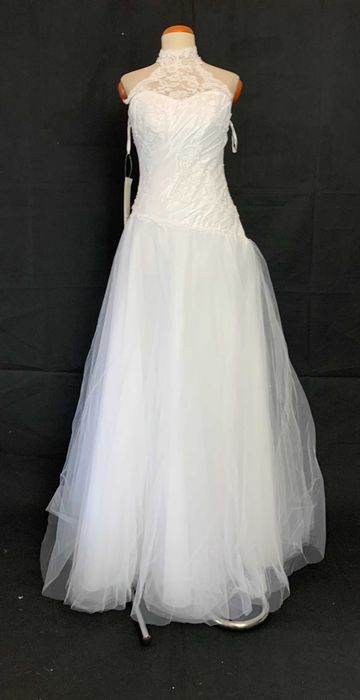 Nowa Unikatowa suknia ślubna 38 M halter brokat glamour linia A biała