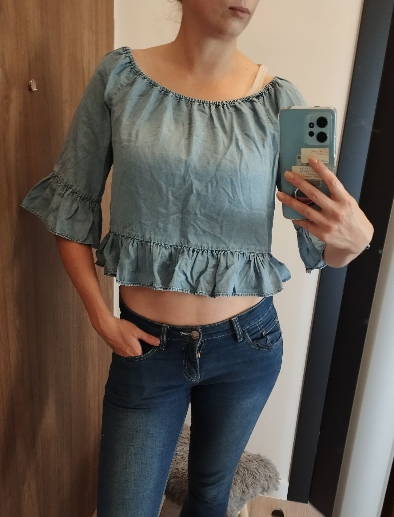 Niebieska dżinsowa jeans koszula bluzka ZARA z falbanką S M L 36 38 40