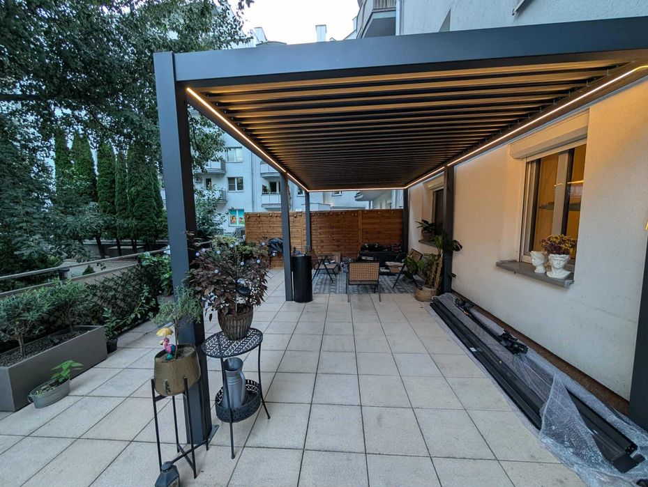 Pergola tarasowa bioklimatyczna 6×3 m, elektryczne lamele, 4 rolety