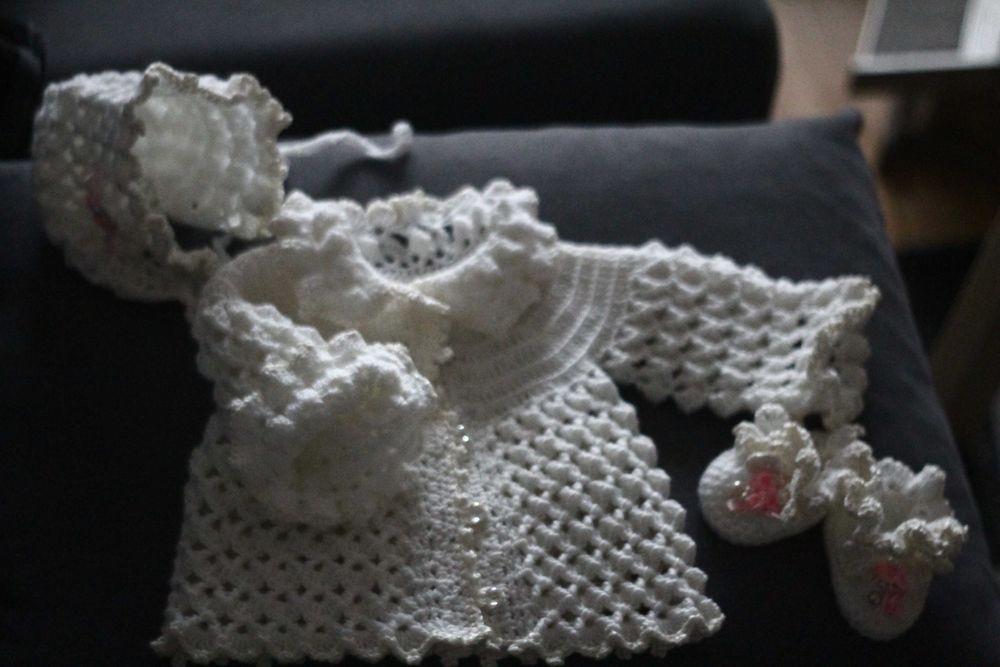 Chrzest, komplet, buty, sweter, sukienka 68