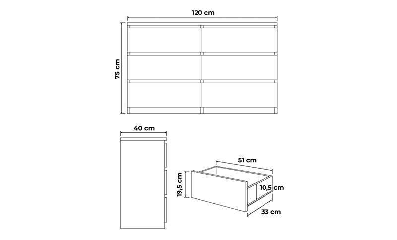 Komoda szafka 120 cm / biała dąb połysk / 6 szuflad / salon sypialnia