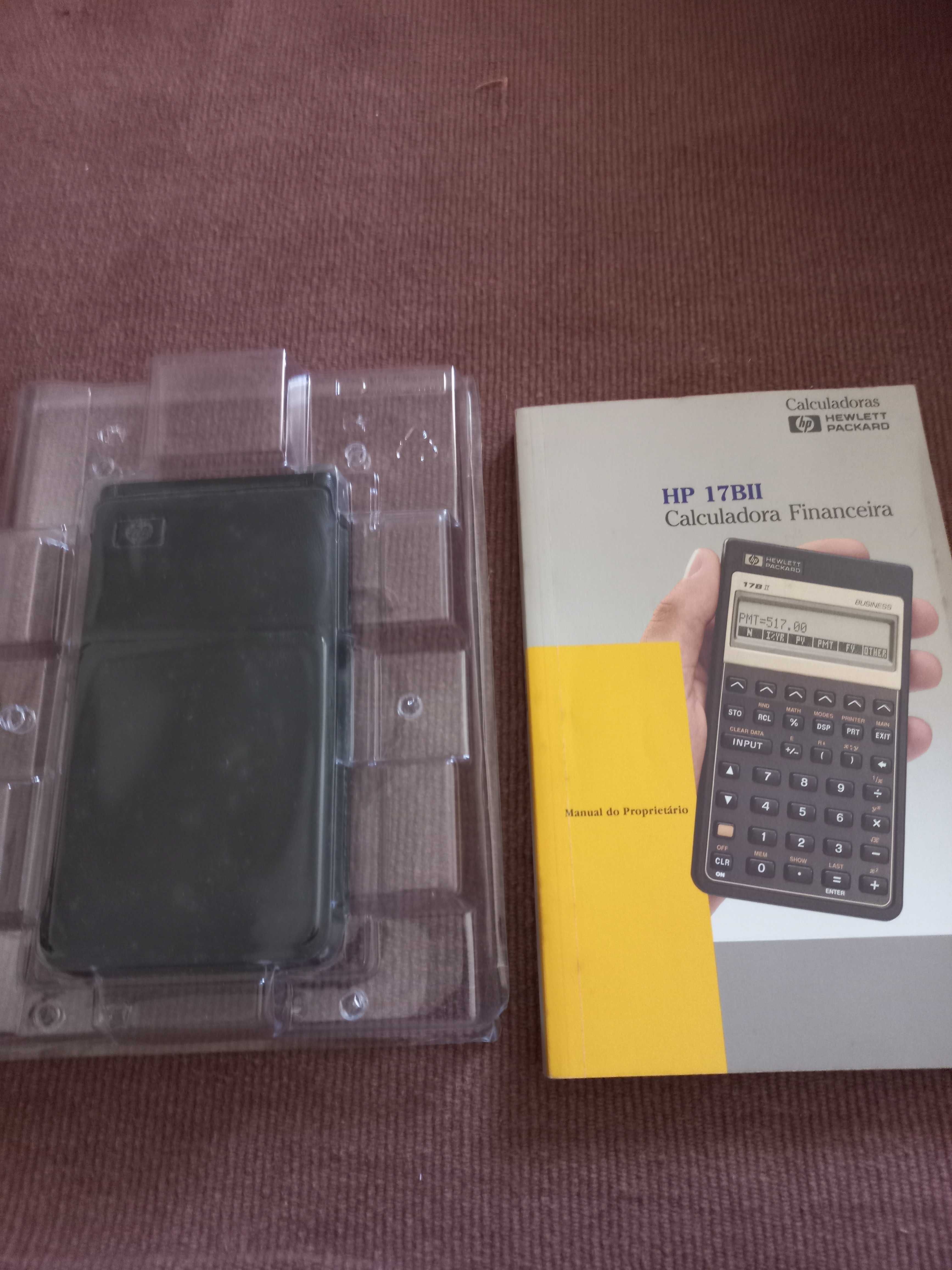 Calculadora HP 17 B II a funcionar, com caixa, manual e bolsa em pele.