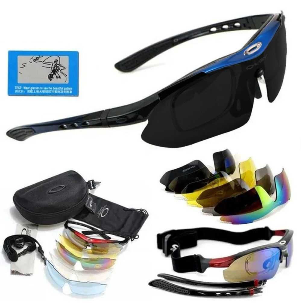 Солнцезащитные очки тактические черные с синим Oakley 5 линз