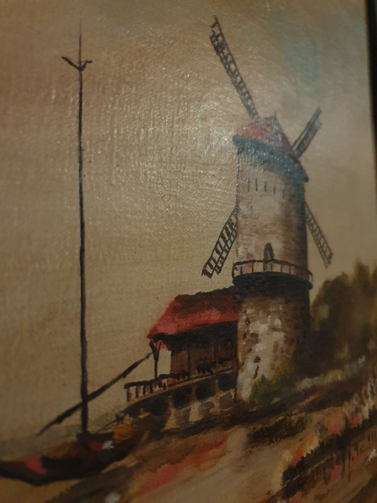 Stary obraz olejny na płótnie, wiatrak młyn. wymiary 50x60 cm z ramą.
