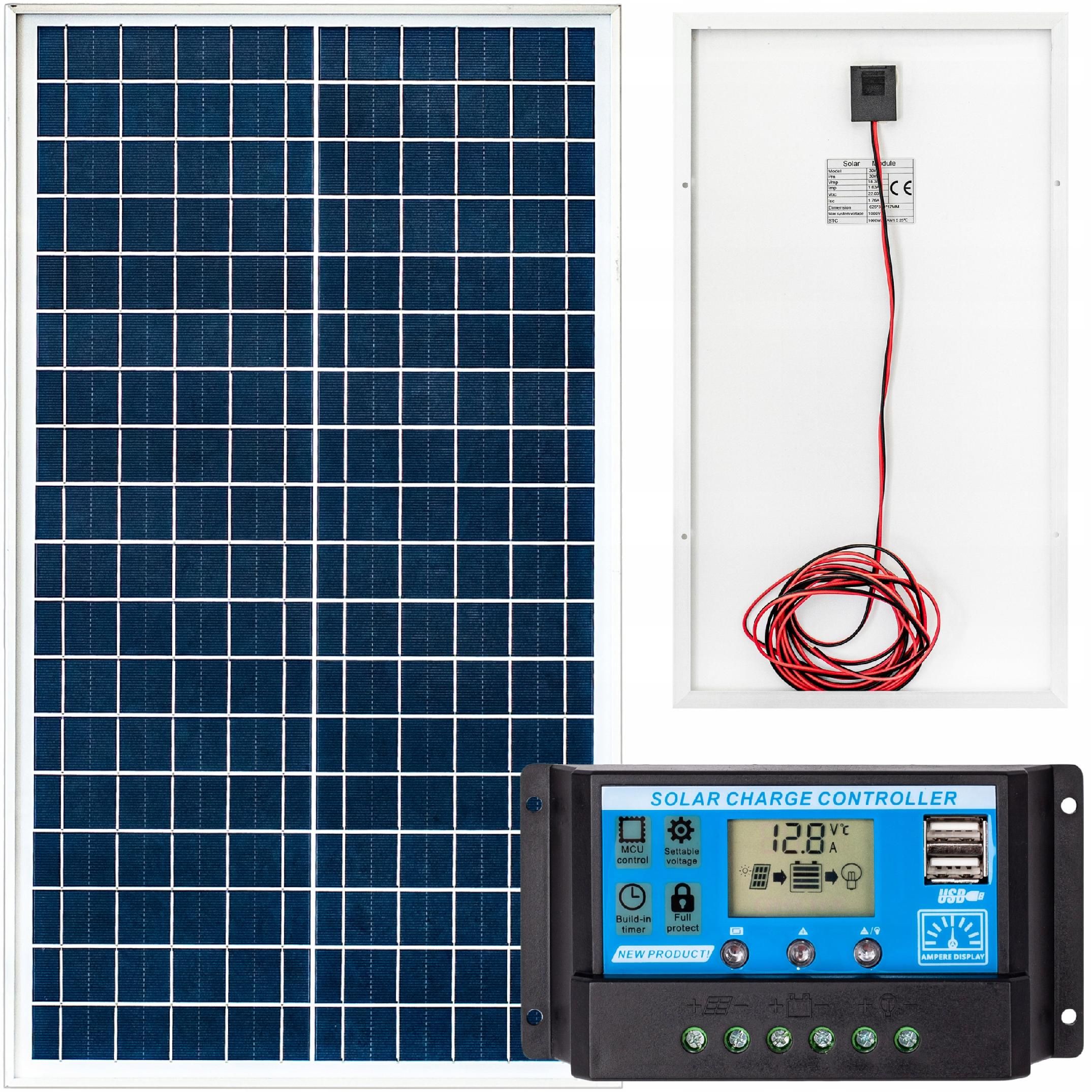Panel solarny bateria słoneczna 30w 12v regulator [ZES332]