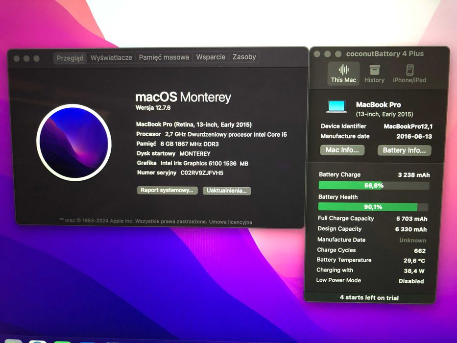 Apple Macbook PRO A1502 Retina i5 2016 8/128GB komplet zasilacz