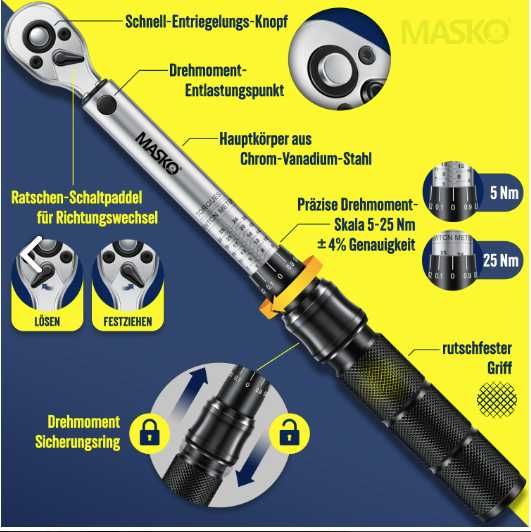 Klucz dynamometryczny 45 części 1/4 cala 5-25Nm MASKO