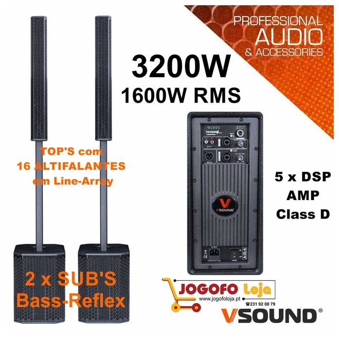 Sistema de Som Amp. 2xSUB Bass-Reflex+Top Line-Array 16xal 3200W DSP