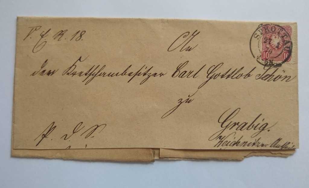 Obwoluta listu wysłanego ze Szprotawy(Sprottau) do Grabig z roku 1876.